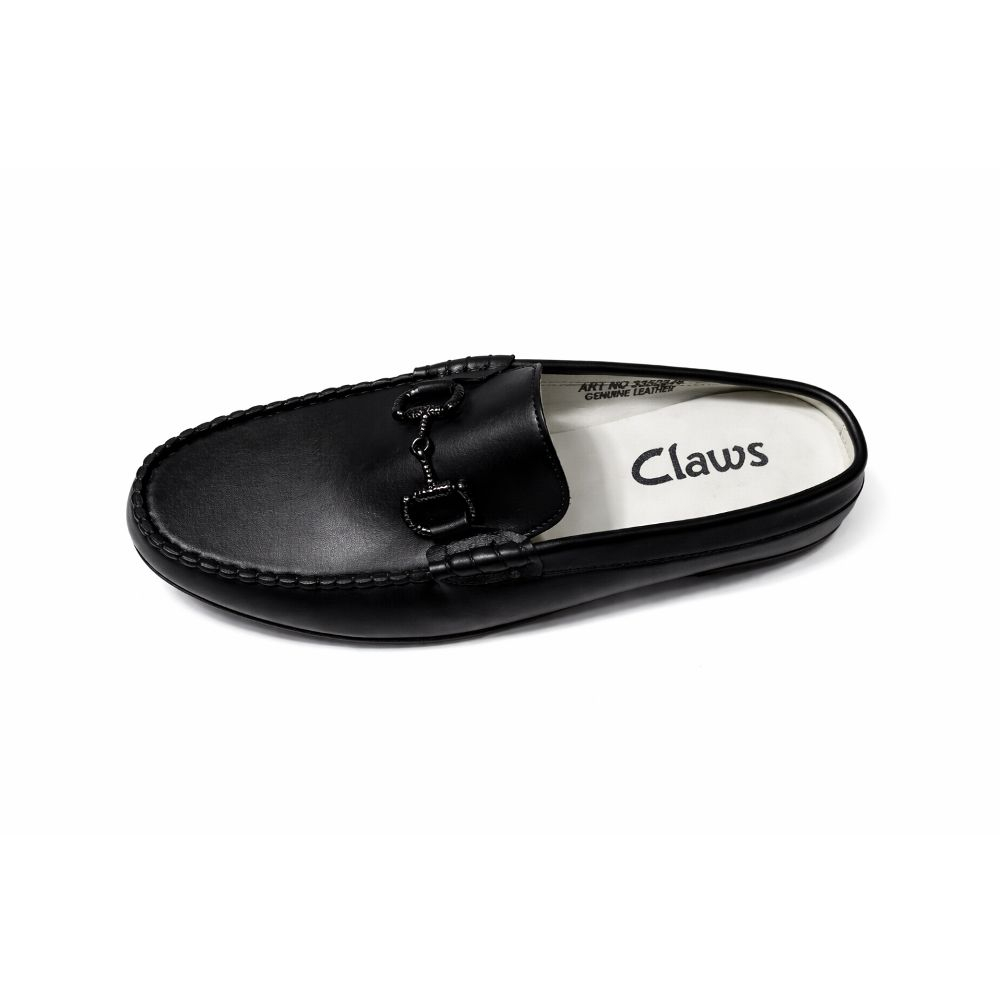 Black Leather Metal Bit Loafer Mules